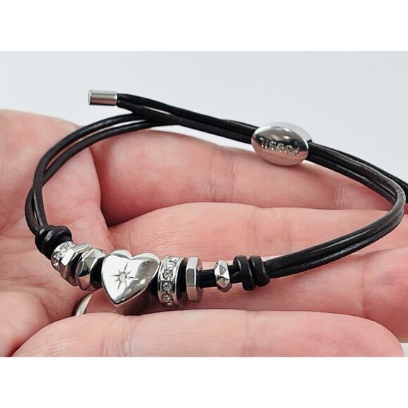 Fossil Boho Heart Silver Beads Brown Pull Cord Bracelet Adjustable Rhinestones - Picture 10 of 12